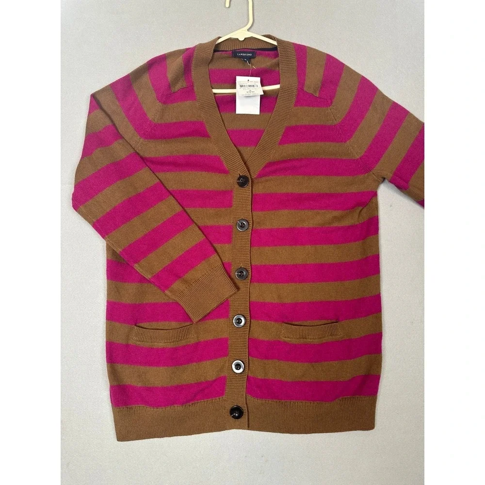 NEW Lands' End Womens 1X Striped V-Neck Cardigan Sweater Brown Pink Wool Cotton